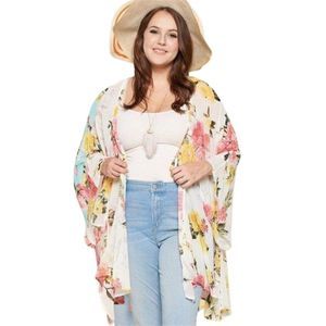 Off White Floral Printed Flowy Kimono Tunic With Dramatic Bell S…